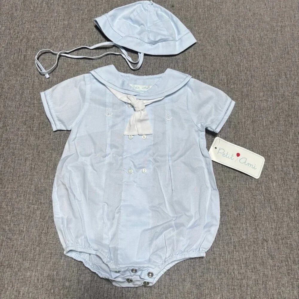 Baby Boys' Sailor Romper with Embroidered Anchors